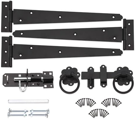 Infinity Decor Epoxy Black 12” Tee Hinges (3) with Plain Ring Gate Latch and Brenton Bolt Pack – Garden Gate Fitting Kit for External Barn, Shed Doors