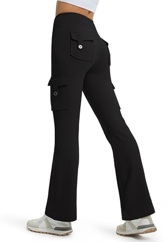 Libin Pantalones Cargo Térmicos Mujer Invierno Corte CampanaYoga Sports Leggings Impermeable Térmicos Senderismo Montaña Esquí Deportivos Trabajo Bootcut Chándal con Bolsillos 29, Negro, XL