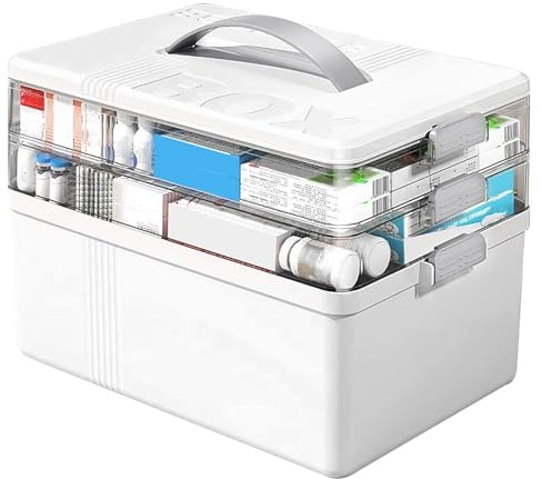 Medicinsk låda, 3-lagers förvaring, med locktätning, snäppstängning, förvaringslåda för mediciner, bärbar, bärbar, lämplig för förvaring av mediciner eller kosmetika (vitgrå)