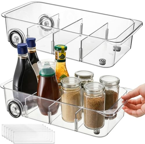 YIMITEE 2 Pack Refrigerator Organizer Bin with Wheels, Roll Out Pantry Storage with Dividers, Clear Plastic Refrigerator Drawer, Upgrade Thick Fridge Caddy for Under Sink, Kitchen Organization