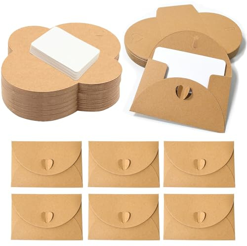 Zorplex 100 Stycken Mini Kuvert av Kraftpapper med 100 Vita Kort, Små Kuvert med Hjärtstängning, Perfekta för Presentkort, Tackkort, DIY, Födelsedagar och Högtider (100)
