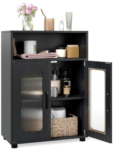 COSTWAY Bathroom Floor Cabinet, Freestanding Storage Cupboard with 2 Doors, Adjustable Shelf & Open Compartment, Wooden Bathroom Unit Side Cabinet for Living Room Kitchen Hallway, 60x30x83cm (Black)