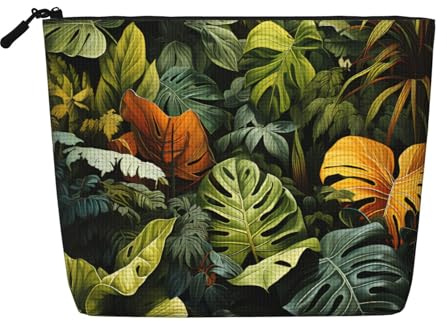 Tropical Rain Palm Leaves Single-Layer Imitation Hemp Cosmetic Bag, Portable, Suitable for Daily Life, Travel, and outings.