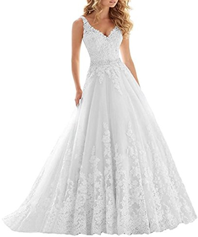 XUYUDITA Vestido de Novia de Encaje Cuello en V con Cuentas de Vestidos de Novia Appliques Correas Vestido de Novia Blanco-42