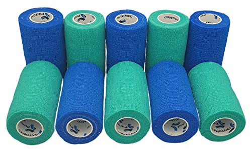 PintoMed - Blau & Grün Haftbandage gedehnt, 10 Rollen x 10 cm x 4,5 m, selbstklebende flexible Bandagen, professionelle Qualität, Erste-Hilfe-Sportbandagen – 10 Stück