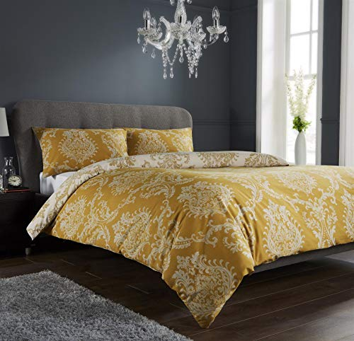 Olivia Rocco Royal Damask Duvet Cover Set Easy Care Quilt Covers With Pillowcases Cotton Rich Reversible Bedding Bed Linen Sets (Double, Gold)