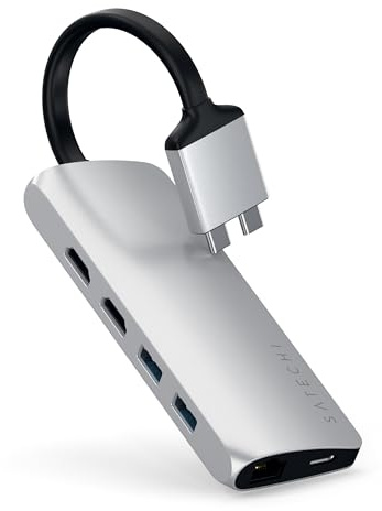 SATECHI 8 en 1 Multimédia Hub Dual USB C en Aluminium avec 2X HDMI 4K@60Hz, PD 60W, Ethernet, 2X USB-A 3.0 Jusqu’à 5Gbps, Lecteurs microSD/SD pour MacBook Air & Pro M5 M4 et Plus – Argent