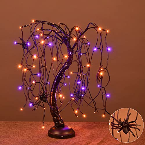LIGHTSHARE 24-inch Halloween Willow Tree LED Spooky Bonsai Night Light,80 LED Lights, Battery Powered or DC Adapter(Included) (Orange+Purple)
