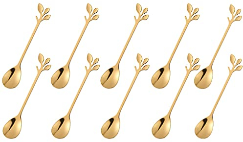 10pcs Cuillères à Sucre à Café en Acier Inoxydable Cuillères à Dessert Feuille Créative Or pour Mélanger Mélanger Gâteau au Lait Espresso Cuillères à Café de Crème Glacée Vaisselle par RuiChy