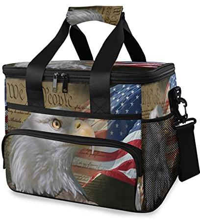HMZXZ Große Kühltasche mit amerikanischer USA-Flagge, Adler Montage, 24 Dosen (15 l), isolierte Lunchbox, weiche, auslaufsichere Kühltasche für Erwachsene, Männer, Frauen, Camping, Picknick, BBQ