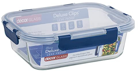 Décor Deluxe Clips Glass Food Storage Container | Leakproof Lid with Deluxe Clips | Dishwasher, Freezer & Microwave Safe - 1.5L Capacity