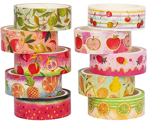 MAGLITT Fruits Washi Tape Set 10 Rolls Harvest Orchard Patterns Gold Decorative Tapes for Journals, Planners, Scrapbooking, Gift Wrapping, DIY Crafts (Fruits)