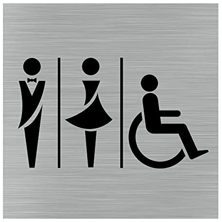 Pictogramme Toilettes Hommes/Femmes/PMR (Q1053). Signalisation Porte 150 x 150 mm. Autocollant souple ou plaque alu brossé 2 mm ep. - Adhésif aspect aluminium brossé - Adhésif aspect aluminium brossé