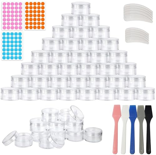 TTYSHIP® 100 Pz Vasetti Cosmetici, 3ml Contenitori Cosmetici Vuoti con 15 Mini Spatola e 105 Adesivi, Barattolini Plastica Piccoli con Tappo per Lozioni, Creme