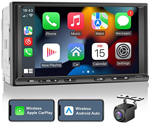 Double Din Car Stereo Radio Wireless CarPlay Wireless Android Auto, 7in Touchscreen Car Audio Receiver with Bluetooth,Rearview Camera,AM/FM, GPS Navigation,Mirror Link,Subwoofer,USB/AUX/SWC