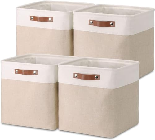 Mangata Cubos de almacenamiento plegables, cubos de 25 cm de tela de lino tejida con asas de cuero, 4 unidades (caqui claro y blanco)