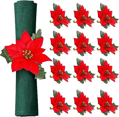 LATERN 8 Pezzi Anelli di Tovagliolo di Natale, 14CM Portatovaglioli Stella di Natale Fibbia per Tovaglioli con Foglie Verdi per Pranzo di Natale Ringraziamento Festa Tavolo Decorazione (4cm x 4cm)