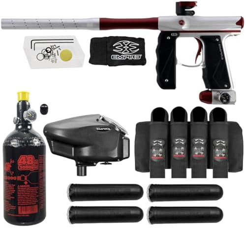 Maddog Empire Mini GS Electronic Full Auto Paintball Gun Marker w/ 48/3000 HPA Paintball Tank, Empire Halo Too Electronic Loader, 4-Pod Harness & (4) Pods Starter Package - Dust Silver/Red