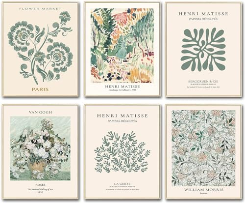 LOZULO Grün Pflanzen Leinwand Bilder Matisse Poster Set, Modern Wandbilder Deko Wohnzimmer Schlafzimmer Wanddeko Pictures Aesthetic Room Decor Posters Bilderset 20x25 cm, ohne Rahmen