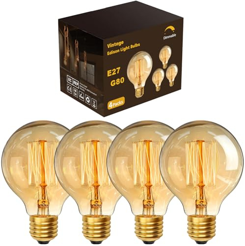 YUNRRD Vintage Edison Light Bulbs,E27 Dimmable Screw Edison Bulbs,Incandescent Light Bulb,Retro Filament Lamp Warm White Bulb 40w G80 220V,Pack of 4