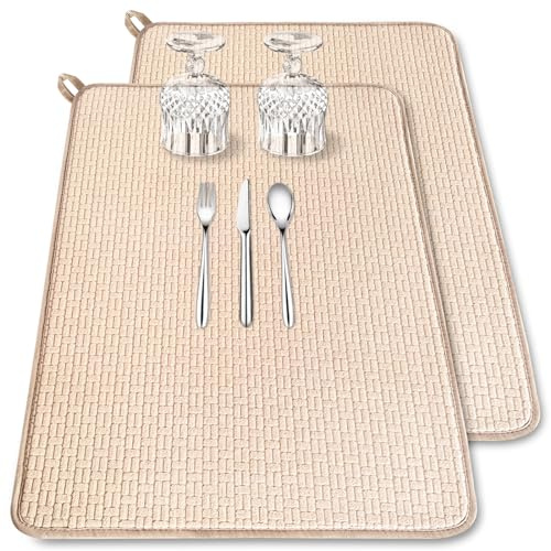 2 Pack XXL Large Microfiber Dish Drying Mat,24*17 inch Absorbent Dish Drainer Kitchen Counter,Dish Drying Pad for Countertops,Sinks,Draining Racks(Beige)