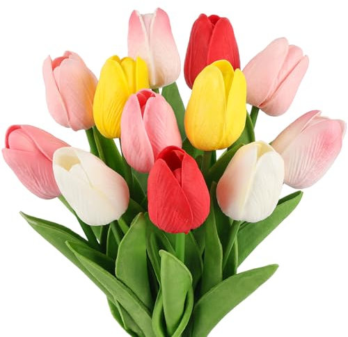 N&T NIETING Artificial Tulips Flowers, 12Pcs Fake Tulip Real Touch Latex Faux Tulips Flowers Bouquet for Wedding Floral Arrangements, Mother's Day, Easter, Home Decoration(Multicolor)