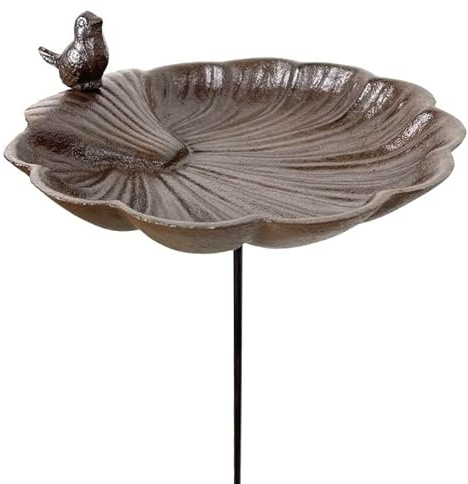 Bain Oiseau Coquille en Fonte Patiné Marron Abreuvoir à Oiseau sur Tige Mangeoire Extérieure à Coupelle 26,5x26,5x121cm