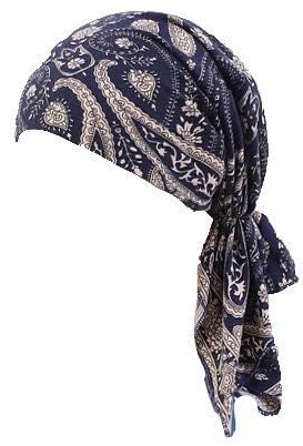 Women Chemo Beanie Scarf Soft Turban Cap Floral Head Wraps Cotton Fabric Head Wear Alopecia Bandana Head Cover (Navy Cream)