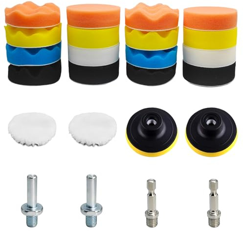 24 tamponi di spugna per lucidatura, 80 mm, spugna per lucidatura auto, avvitatore a batteria, spugna lucidante, set con 2 adattatori M10, per lucidatura, levigatura, cera