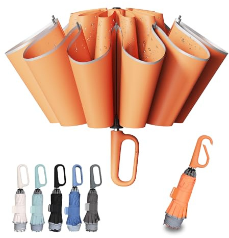 TUMAAOTU Parapluie compact inversé avec poignée à mousqueton « Never Forget » – Parapluie de voyage résistant au vent et à la pluie, ouverture automatique, cadre durable à 10 baleines pour homme et