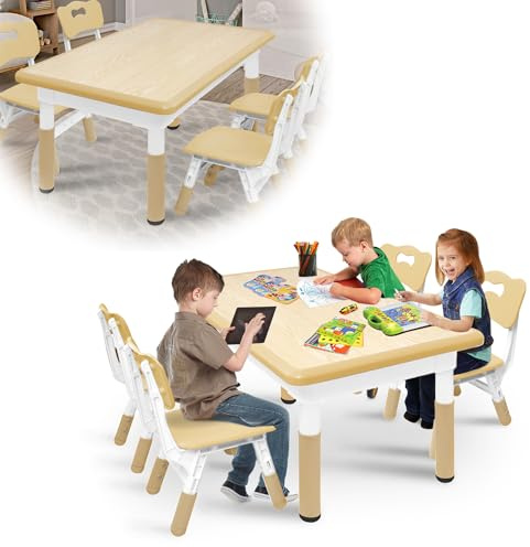 HENGMEI Barnbord, set med 4 stolar, plast, skrivbord, lekbord, barnrum, möbler, justerbar höjd, barnbord, stolset, sittgrupp inomhus för småbarn, flickor och pojkar, trä