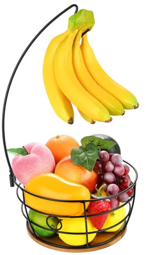 DIYZON Fruit Basket with Banana Hanger, Metal Kitchen Countertop Fruit - Vegetable Bowl, Multifunctional Tiered Storage, Keep Fruits and Vegetables Fresh (Round Wood, Black)