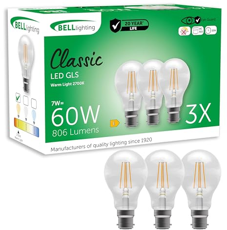 BELL Lighting B22 Energy Saving LED Filament GLS Bulbs 7W 806lm 3 Pack | Energy saving B22 bayonet LED filament GLS bulbs with 2700K warm white light, 806lm output and 60W equivalent brightness.
