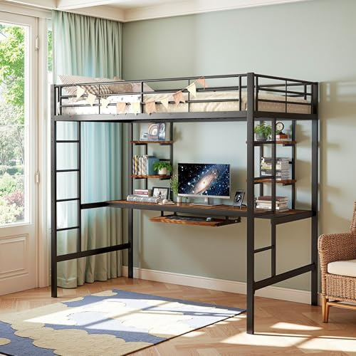Ntxplora Cama entrepiso 90 x 190 cm, Metal, Cama entrepiso de 1 Plaza con Escritorio, 4 estantes y 2 escaleras, con guardaespaldas para Adolescentes y Adultos, para Dormitorio y Dormitorio, Color