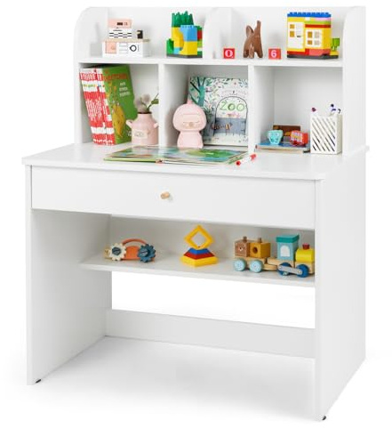 COSTWAY Scrivania in Legno 80 x 48 x 102 cm per Bambini 3+ Anni, Scrivania Cameretta Bambina con 5 Mensole, 1 Cassetto, Spazio di Lavoro e Angoli Arrotondati, Ideale per Studio e Disegno (Bianco)