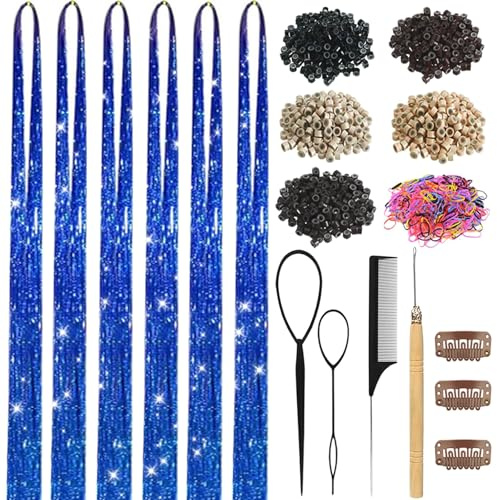 Blue Hair Tinsel Kit for Girls 1800 Strands Fairy Tinsel Hair Extensions Holographic Hair Tinsel Heat Resistant Colored Hair Glitter Christmas Party Festival (Blue)
