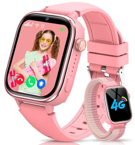 RUXINGX 4G Smartwatch Bambini, IP68 Impermeabile Smartwatch con GPS, SOS, Telefono, HD Videochiamata, Chat Vocale, modalità Lezione, Sveglia, Sonno, Orologio Bambini per Ragazze e Ragazzi, Rosa