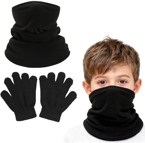 Kids Snood, Kids Neck Warmer and Gloves, Soft Full Finger Gloves, Windproof Neck Gaiter Face Covering Multifunctional Headwear for Aged 3-10 Years Old Outdoor Sports