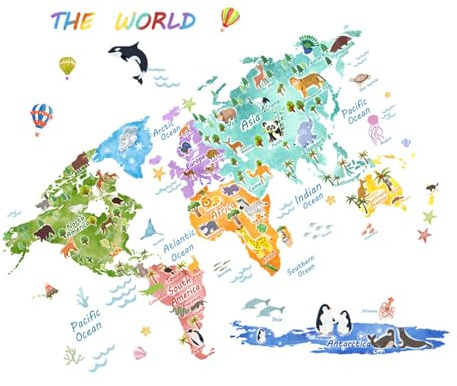 DIYEAH Adesivo Animale Mappa Mondo Parete Decalcomania Pvc Adesivi Murali Decorativi Stampati Per Ragazzo Ragazza Ragazza Camera Da Letto Adesivi Murali Animali Educativi Strumento Di App