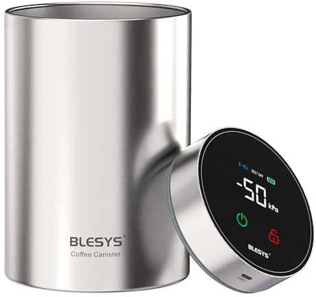 BLESYS Recipiente inteligente para café al vacío, Recipiente automático de acero inoxidable hermético con pantalla LCD, función de frescura con un solo toque, indicador de fecha (1.8L, plata)