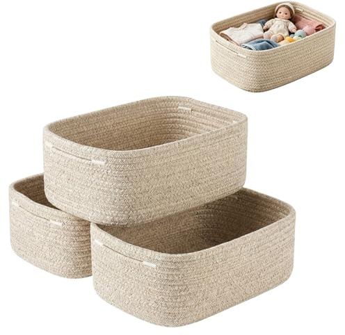 Cestas de almacenamiento, 30 x 20 x 11 cm, cestas plegables de cuerda de algodón trenzada, pequeñas cestas de almacenamiento para organizar, estante, cesta de juguetes, cestas de cuerda tejidas, lino