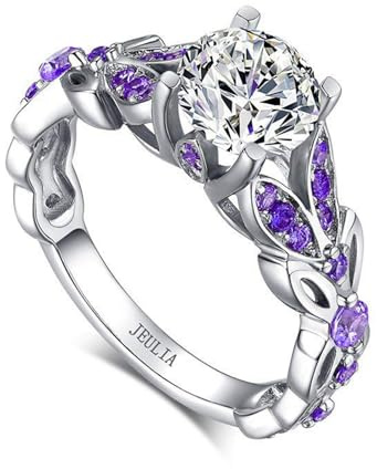 Jeulia 4.3 Carat Personalized Sterling Silver Butterfly Rings for Women Purple Amethyst Birthstone Bridal Rings Set Round Cut Wedding Engagement Promise