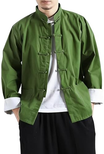 LZJN Uomo Cotone Lino Kung Fu Camicia Cinese Tradizionale Tang Suit Tai Chi Camicetta Manica Lunga Rana Bottoni Cappotto Giacche, Verde militare, L