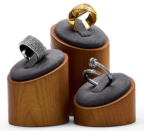 Oirlv Wooden Ring Display Stand with Microfiber Surface 3 PCS Ring Storage Holder for Jewellery Shop or Home, 4.4cm Wide