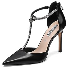 QUEEN HELENA Zapatos elegantes con tacón de aguja décolleté con pedrería para mujer K3217, Negro , 40 EU