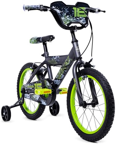 Huffy Delirium 16-Inch Boys’ Bike, Durable Steel Frame, Dual Caliper Brakes, Removable Stabilisers, Single-Speed, Kids’ Bicycle for Ages 4-6, Storm Matte Grey & Lime Green