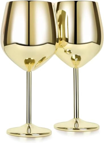 Copas de Vino con Tallo de Laton Cepillado Dorado Sandy Beach - Copa de Vino Caliz, Copas de Vino Doradas - Copas de Vino Resistentes a Roturas para Cualquier Ocasion, set de copas de vino 2 (500ml)