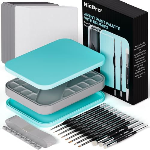 Nicpro Wet Palette und 11 Feine Pinsel, Dry Brush, 100 Nasspalettenpapier, 4 Schwämme, Pinselhalter, Mischpalette zum Sparen von Farben für Miniaturmodellmalerei