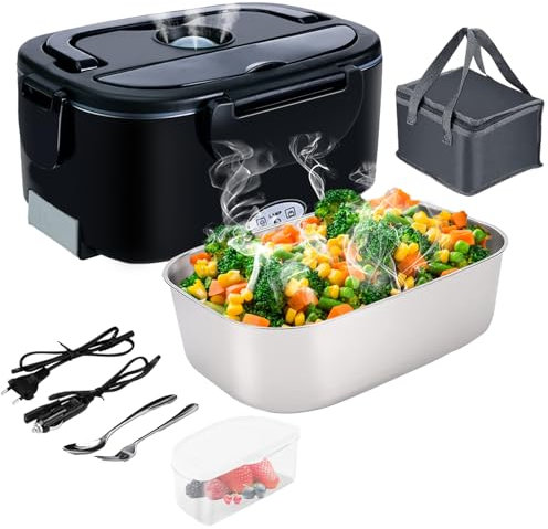 Lunch Box Chauffante 12V/24V/220V/110V, 1.5L Électrique Acier Inoxydable Chauffage Rapide Gamelle, Boîte Repas Amovible pour Bureau, école, Voyage,Voiture, Avec Sac Isotherme