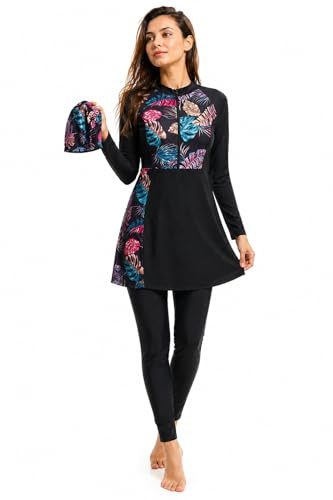 Women's 3-Piece Burkini Modest Swimwear Full-Coverage Rash Guard Long Sleeve Swim Top with Pants and Hijab Tankini Set Summer Beachwear in Black | Free Compressed Towel Included! (L)